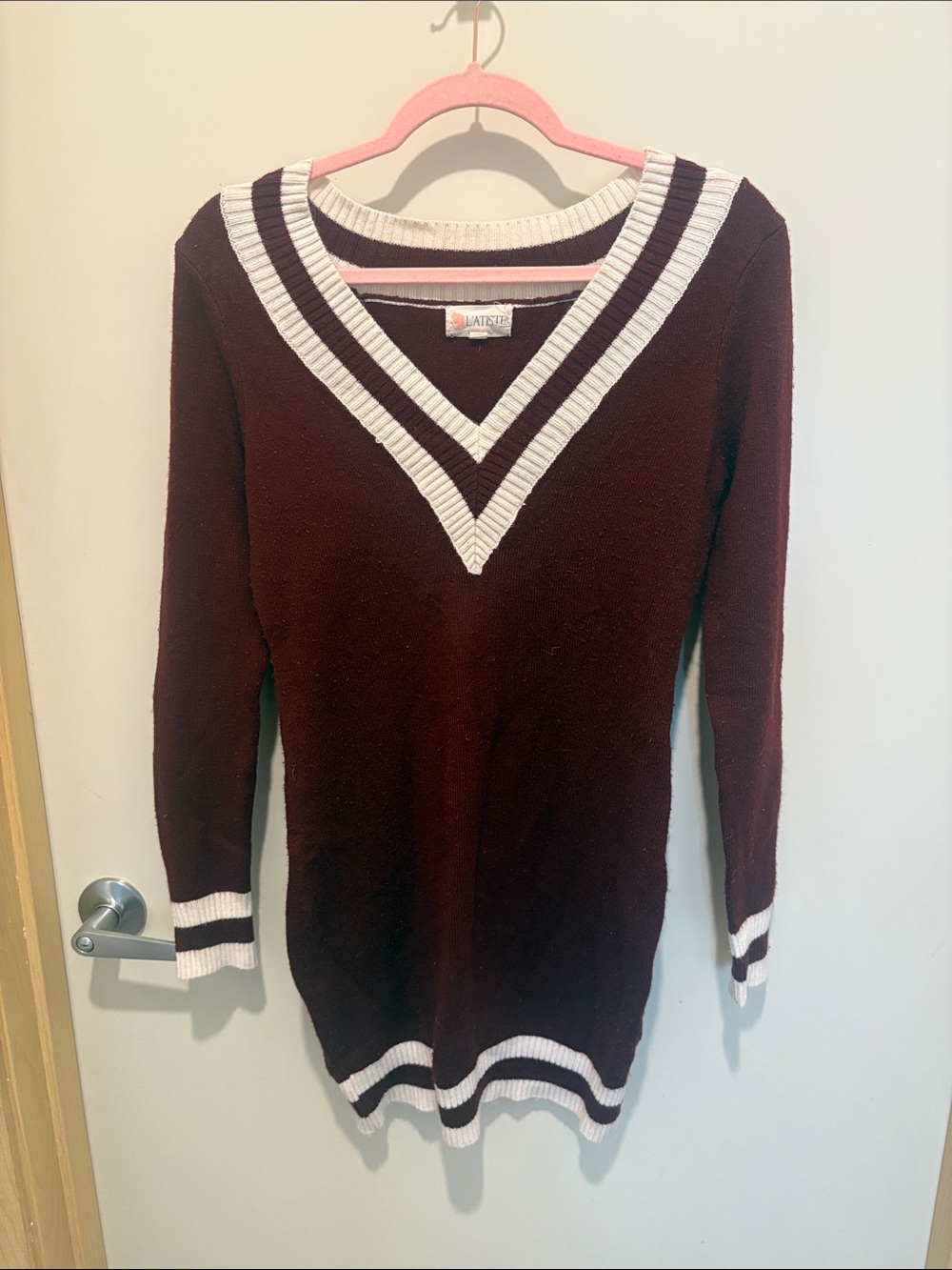 V-Neck Burgundy Sweater with White Trim